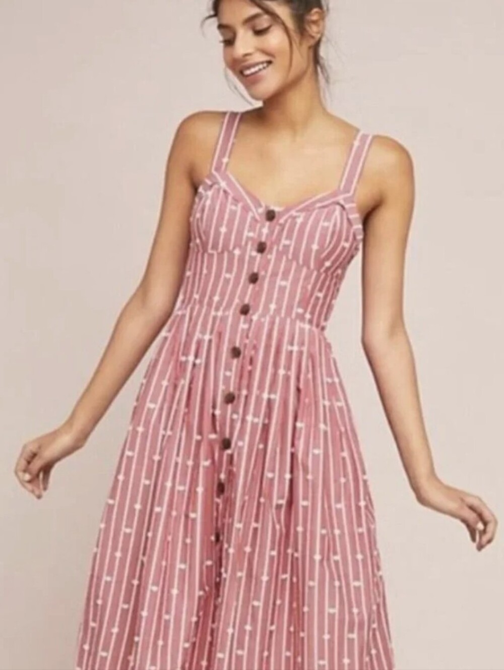 Maeve Heather Red & Ivory Sleeveless Button Front Hudson Midi Dress, Size 2